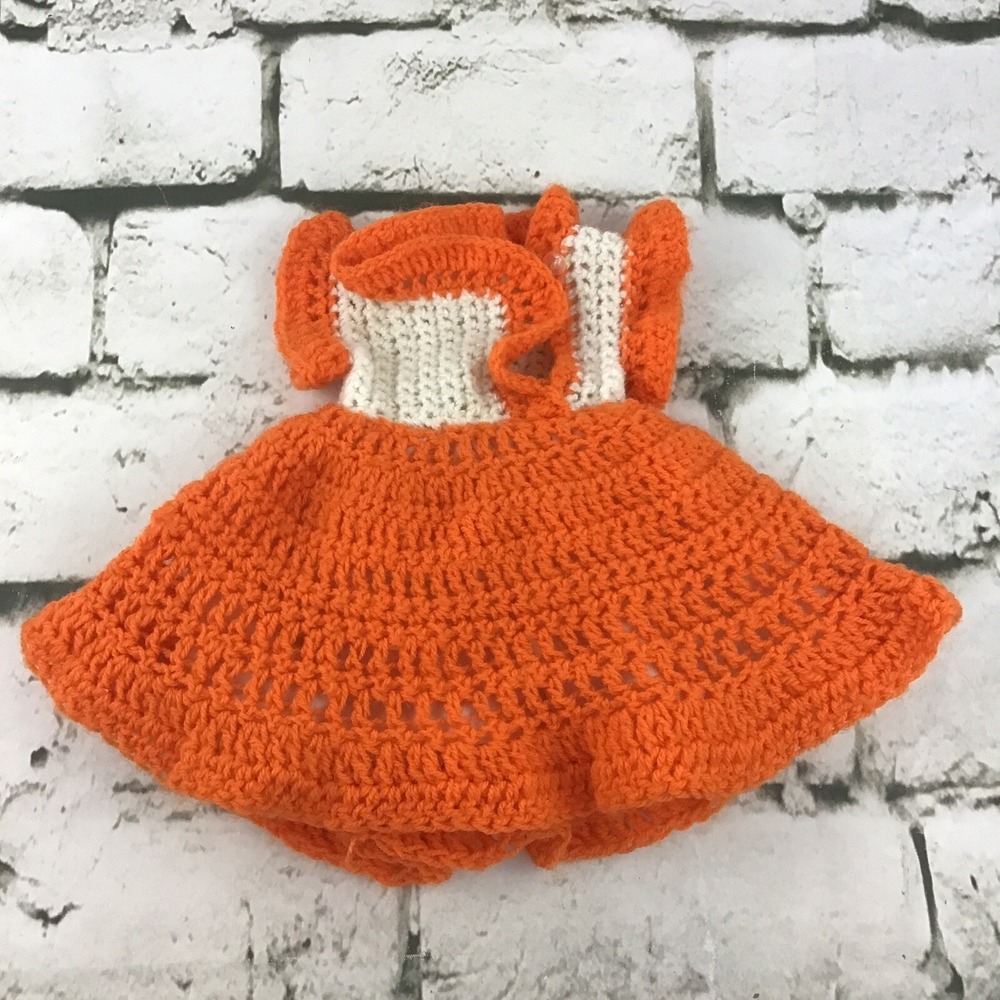 Vintage Handmade Doll‎ Dress Orange White Ruffled Crochet With Shorts Underneath